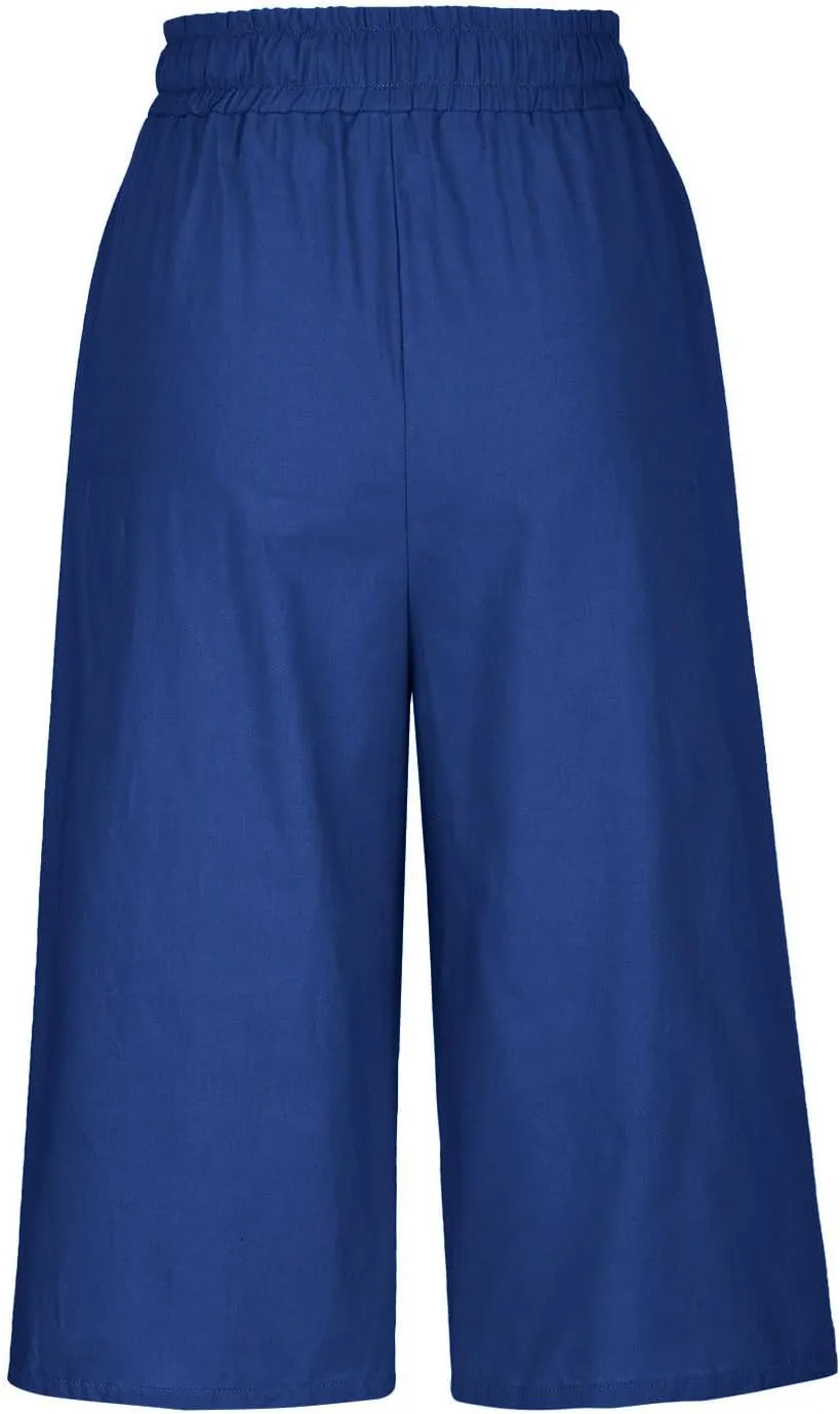 Women's Plus Size Drawstring Solid Linen Casual Relaxed Capri Pants - Loose Elastic Waist Summer Versatile Trousers