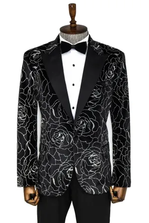 WSS Silver Rose Patterned Over Black Men Prom Blazer  - Singen