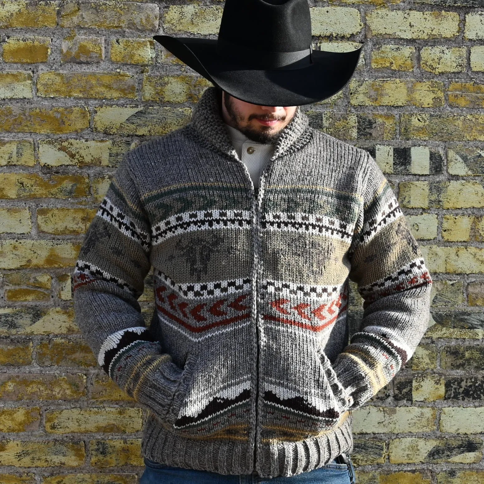 Yellowstone - Men's Wool Knit Sweater with Buffalo in Medium Natural