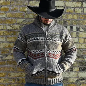 Yellowstone - Men's Wool Knit Sweater with Buffalo in Medium Natural