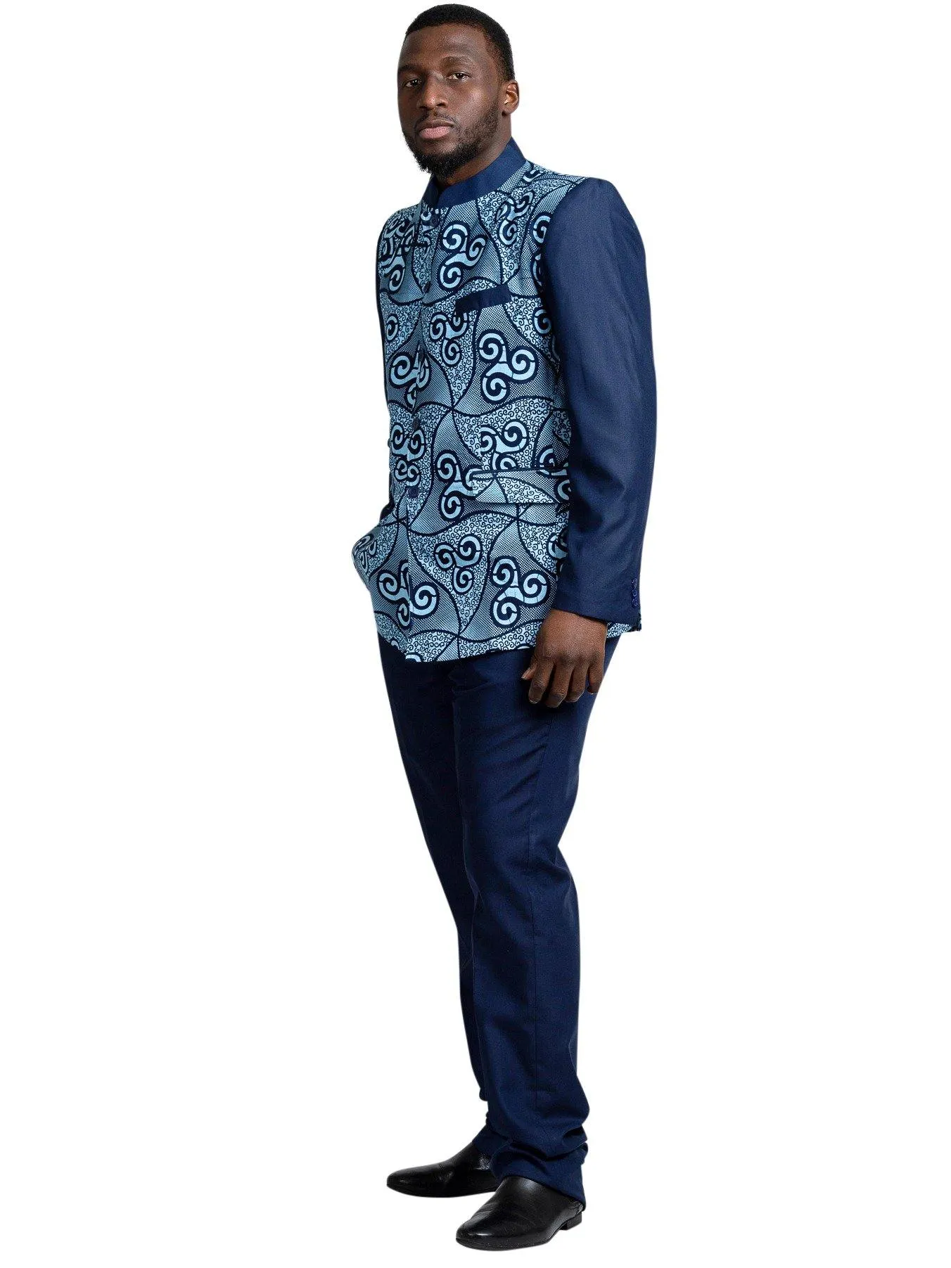 Zain Navy Blue Men's African Print Abacost Blazer (Shirt   Pant)