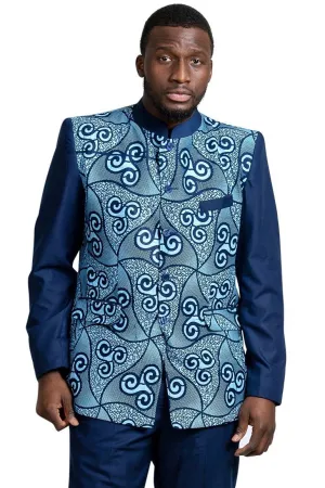 Zain Navy Blue Men's African Print Abacost Blazer (Shirt   Pant)