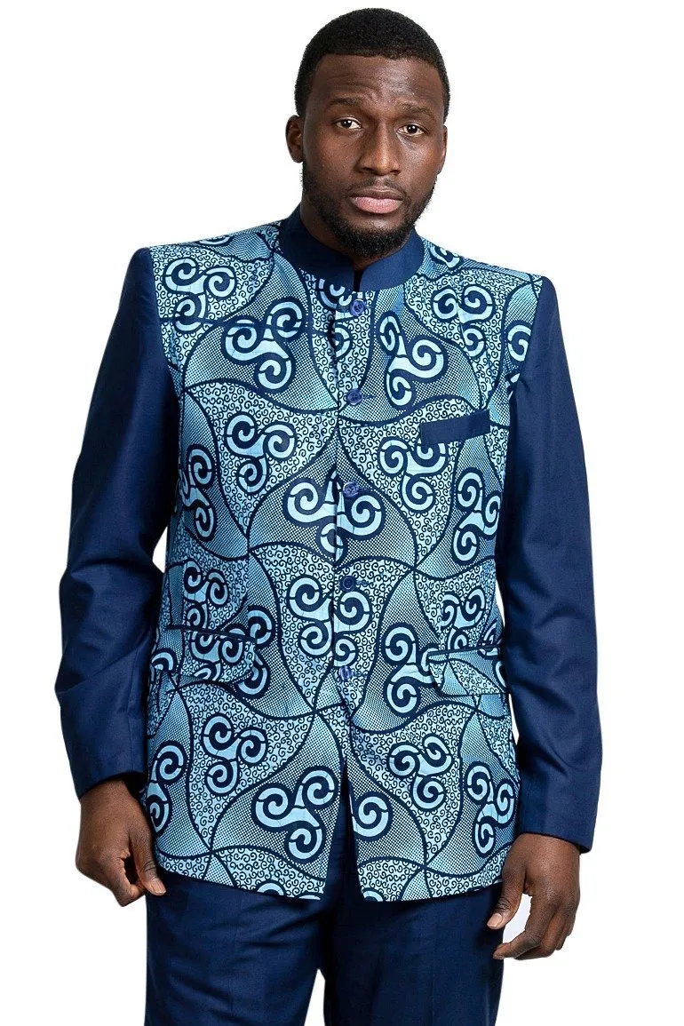 Zain Navy Blue Men's African Print Abacost Blazer (Shirt   Pant)